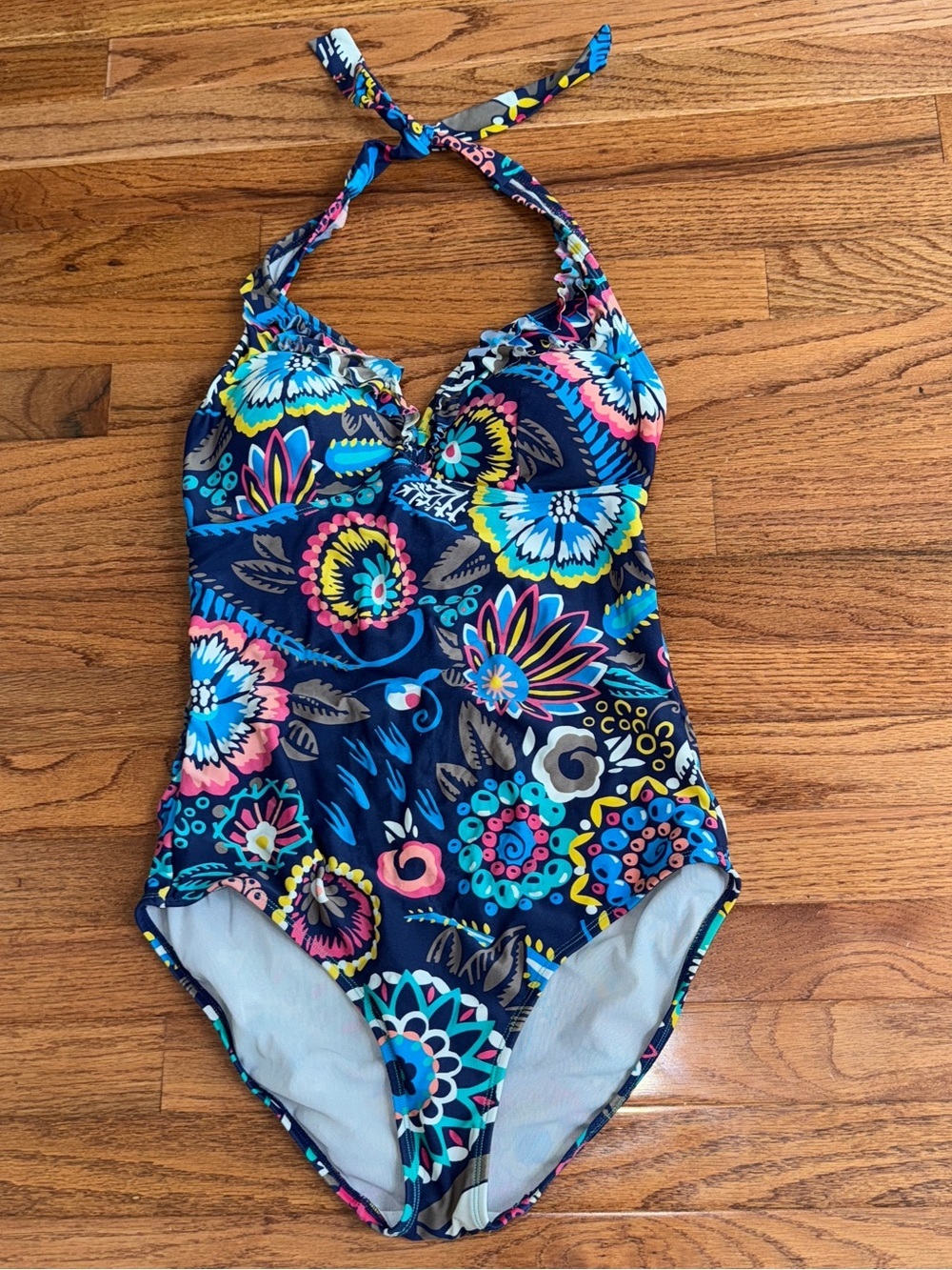 Boden St Lucia Floral Halter Neck One Piece Swimsuit Navy Pink Size 8